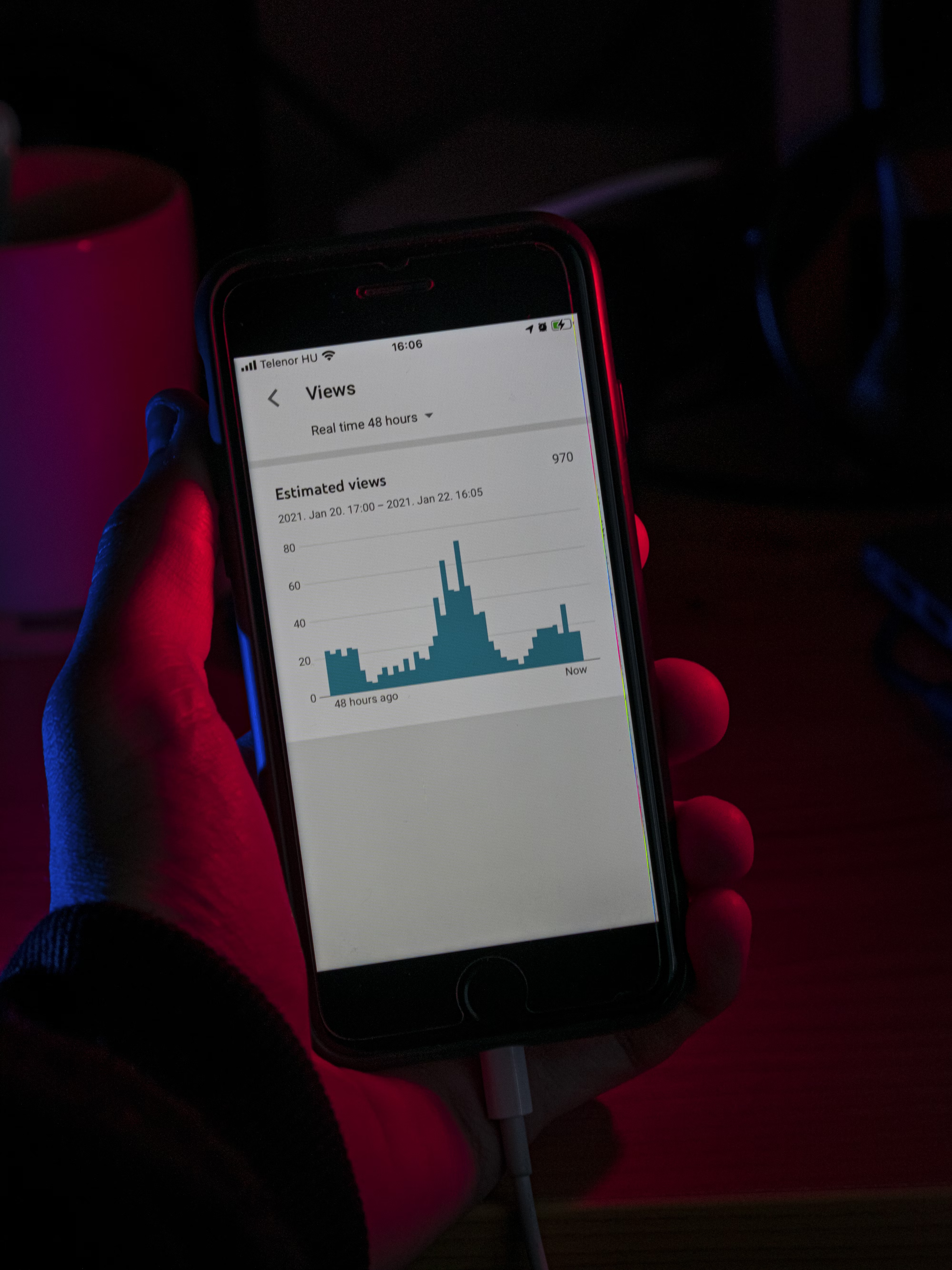 Hand holding smart phone, showing the view count of a demonetized video on youtube